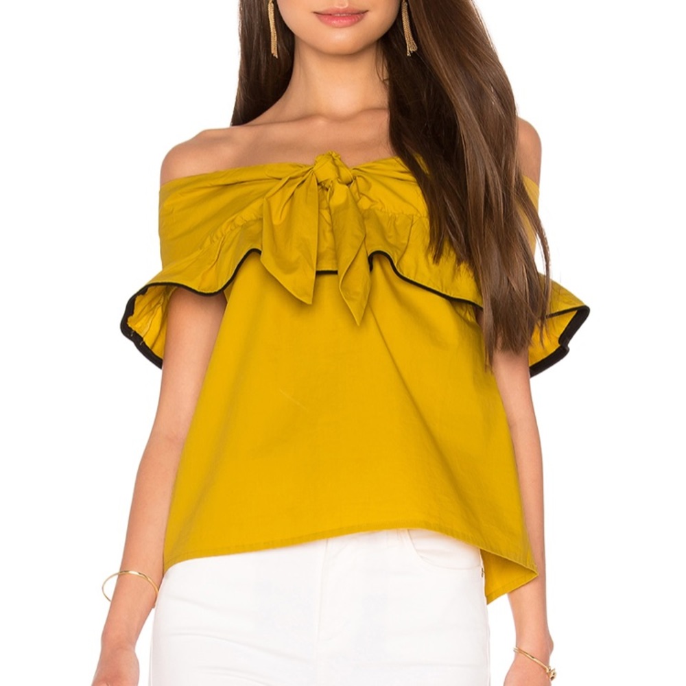 Line & dot yellow off the shoulder ruffle top sm